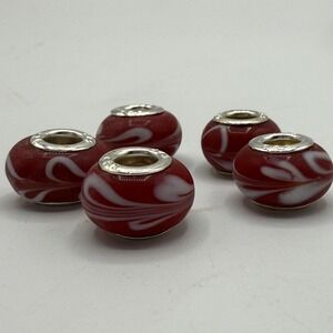 Sterling Silver .925 Core‎ Red White Swirl Murano Glass Bead Charm Lot of 5